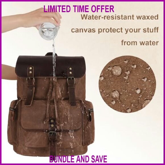 Vintage Waxed Canvas Backpack with Leather 17" Laptop Sleeve Travel Daypack - Picture 4 of 8